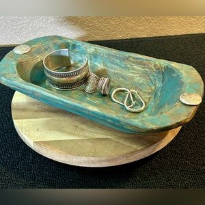 New! Primitive Rustic Turquoise Wooden Trinket/Jewelry Bowl,Western Conchos. 11”